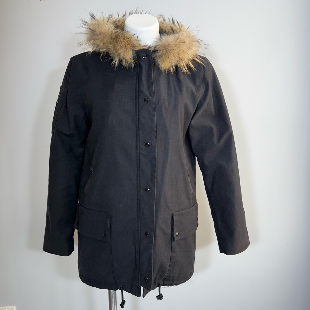 Sandro Fur Trimmed Parka Jacket Black Sherpa Lined Hooded Coat Women’s Size 2 M - Picture 9 of 16
